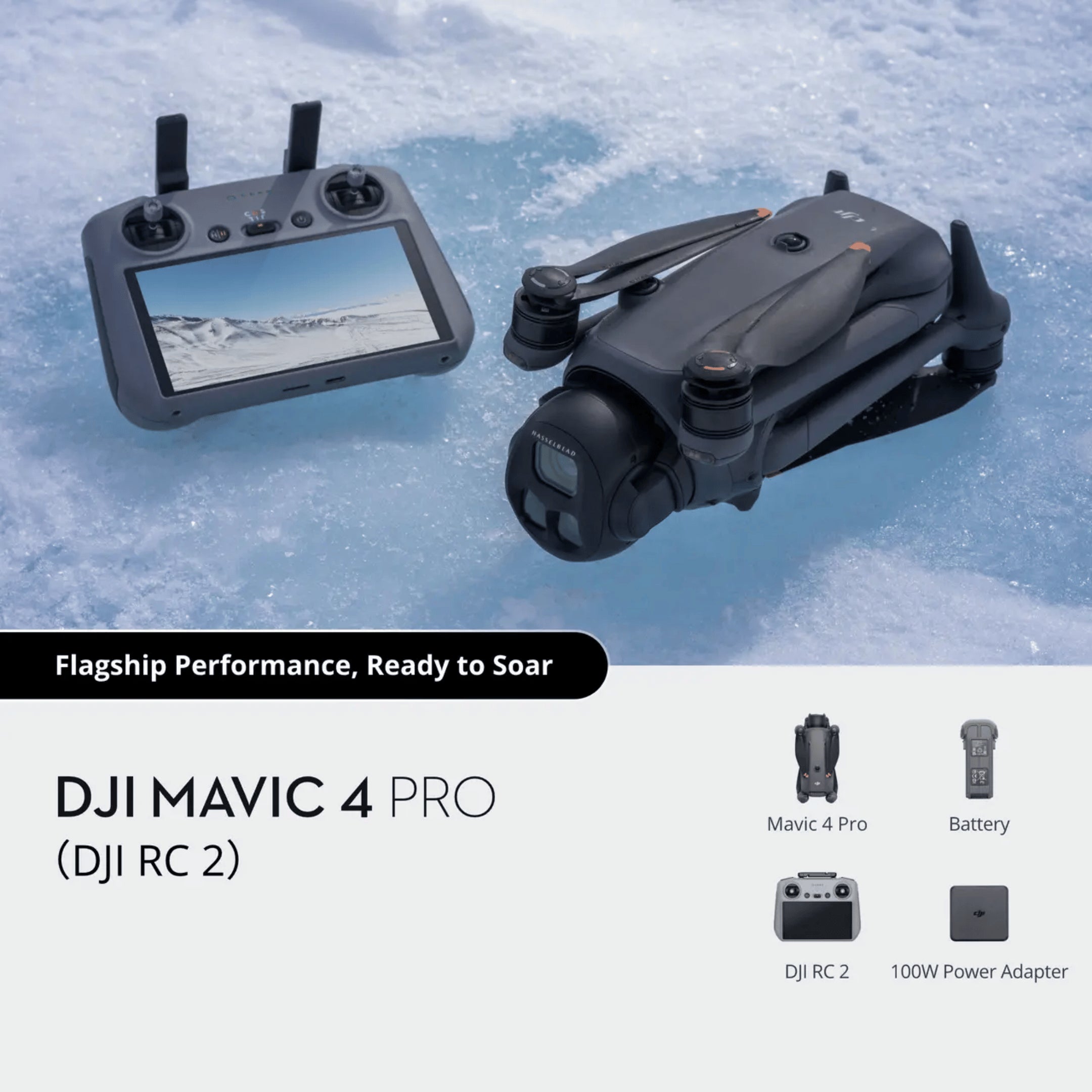 DJI Mavic 4 Pro drone and remote control dji rc 2 on a snowy background with box contents underneath