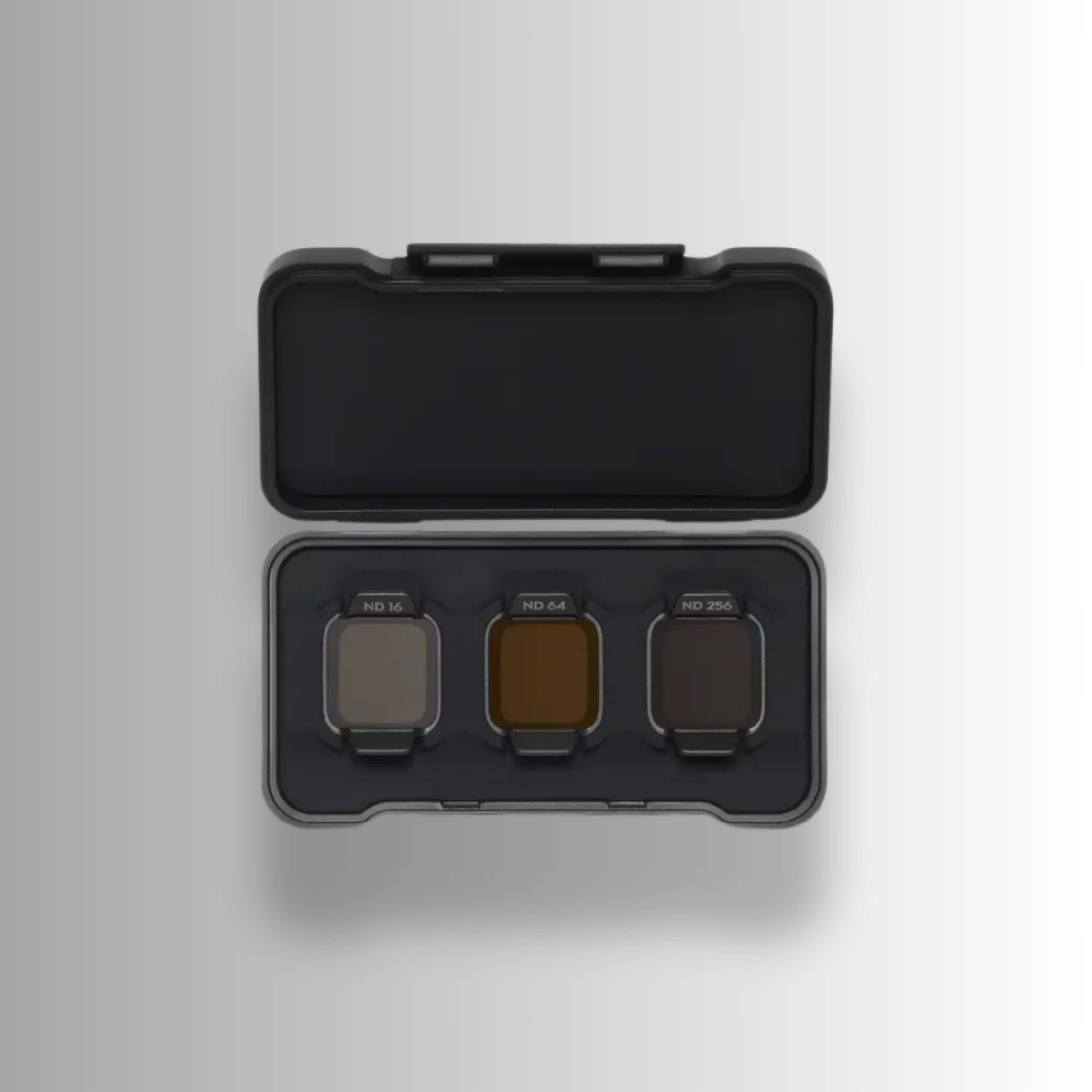 DJI Flip ND Filter Set with ND16, ND64, and ND256 filters in protective case for aerial photography.