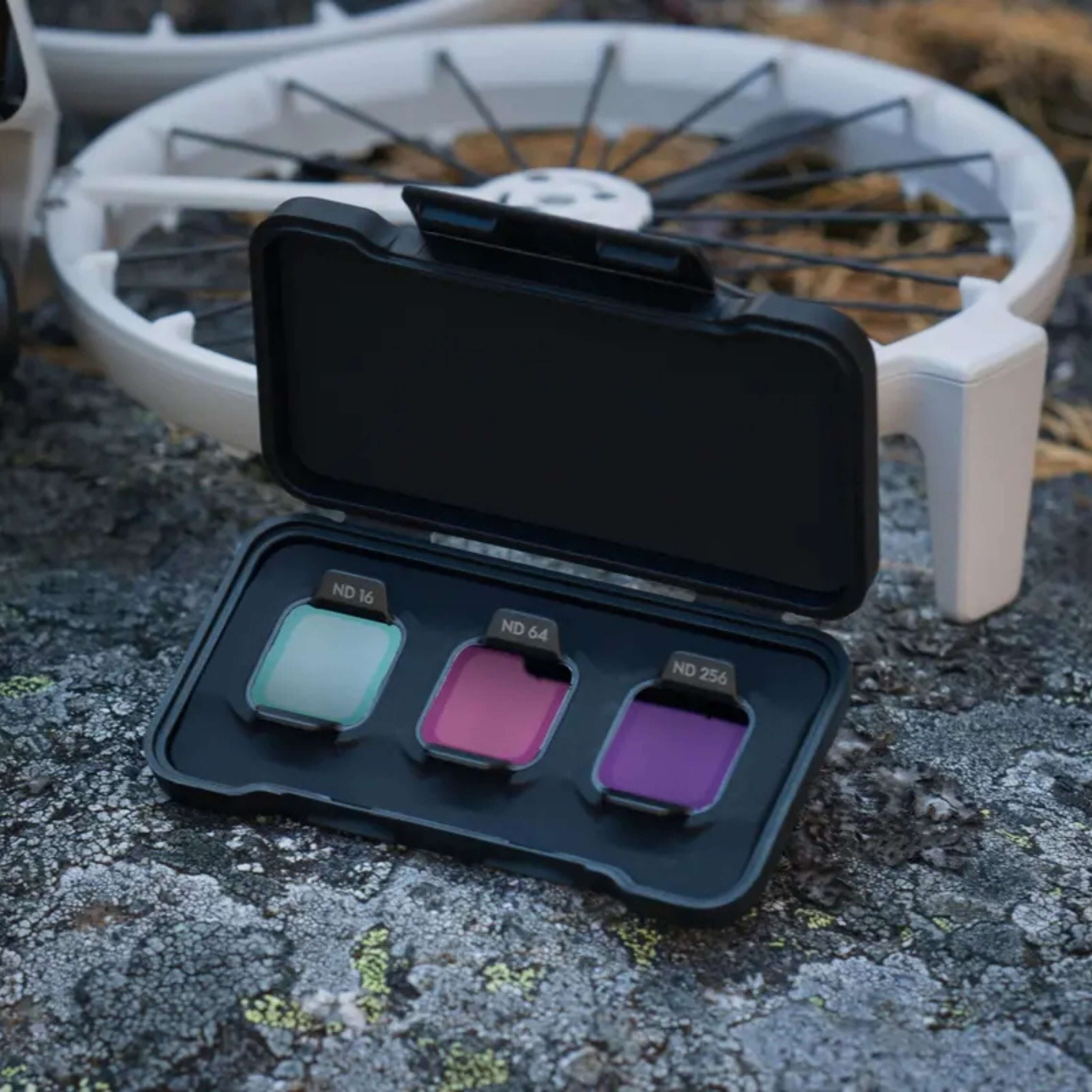 DJI Flip ND Filters Set displayed in a case, featuring ND16, ND64, ND256 for enhanced drone photography.