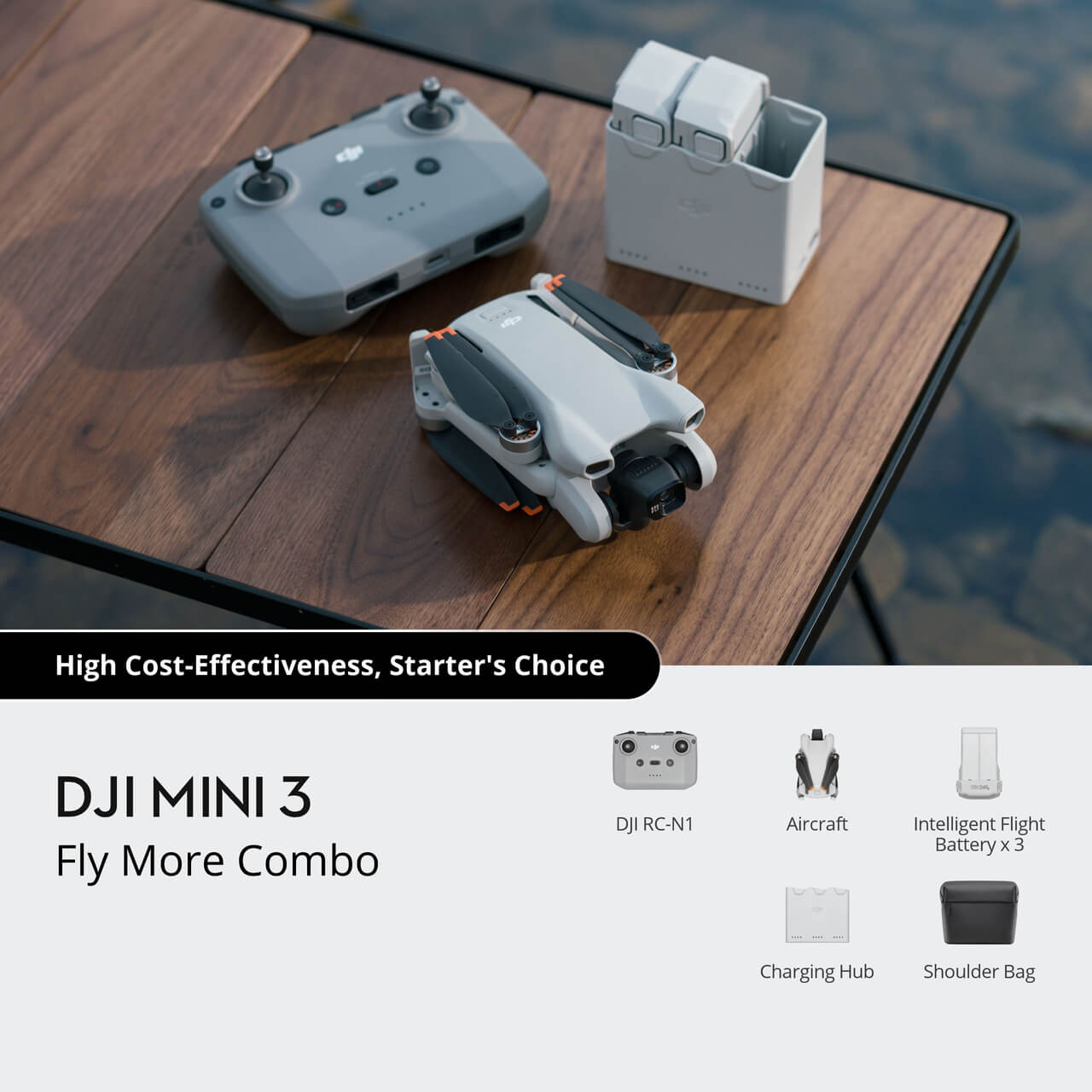 DJI Mini 3 Fly More Combo with DJI RC-N1 remote, batteries, charging hub, and shoulder bag on wooden table.