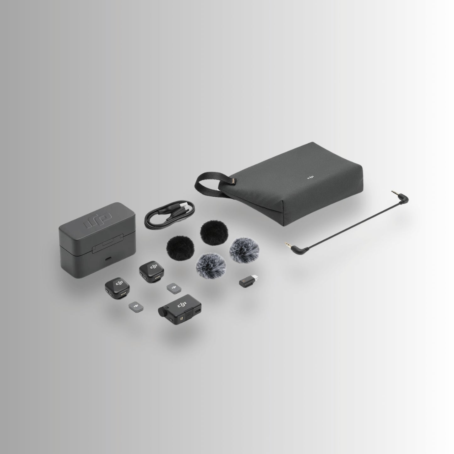 DJI Mic Mini complete kit including transmitters, receiver, windscreens, charging case, cables, and carrying pouch