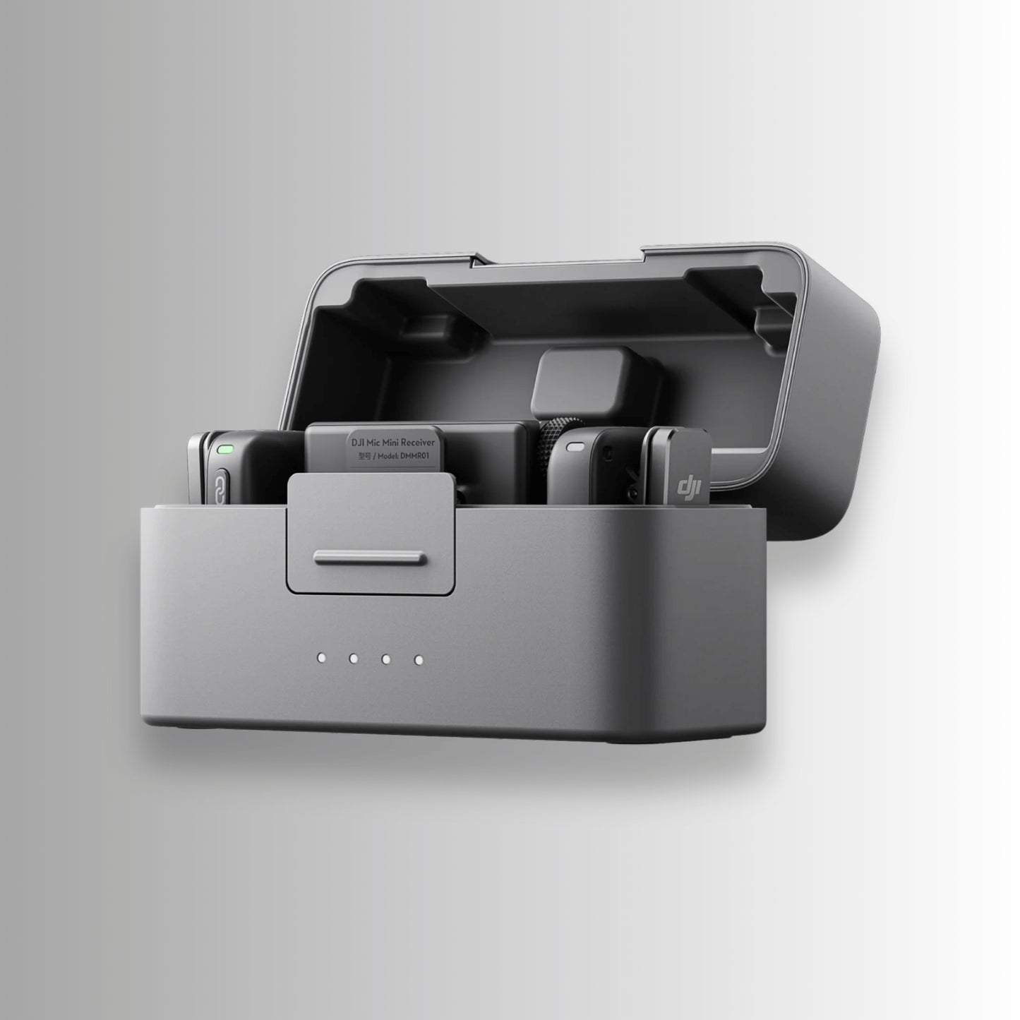 DJI Mic Mini dual-transmitter wireless microphone system shown in open charging case — compact creator audio kit