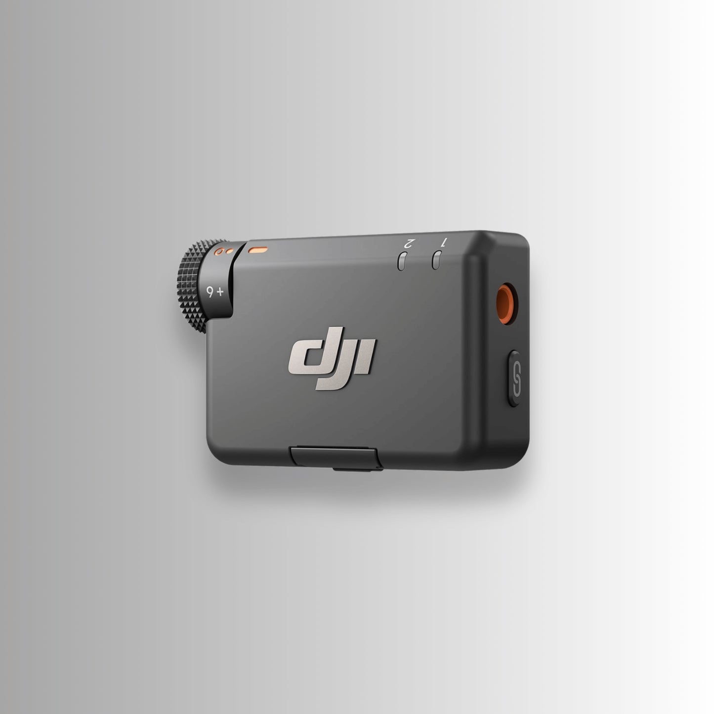 DJI Mic Mini RX unit angled view — lightweight wireless receiver for drones, cameras, and smartphones