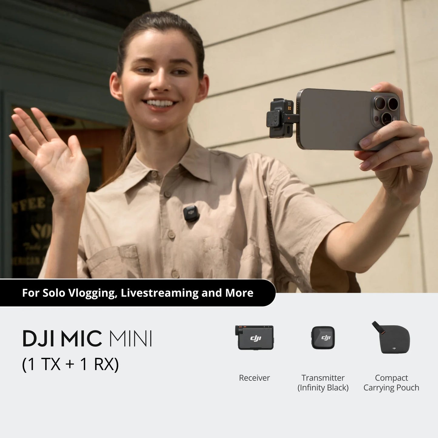 Creator filming vlog using DJI Mic Mini wireless microphone and smartphone receiver — best compact mic for livestreaming and travel content