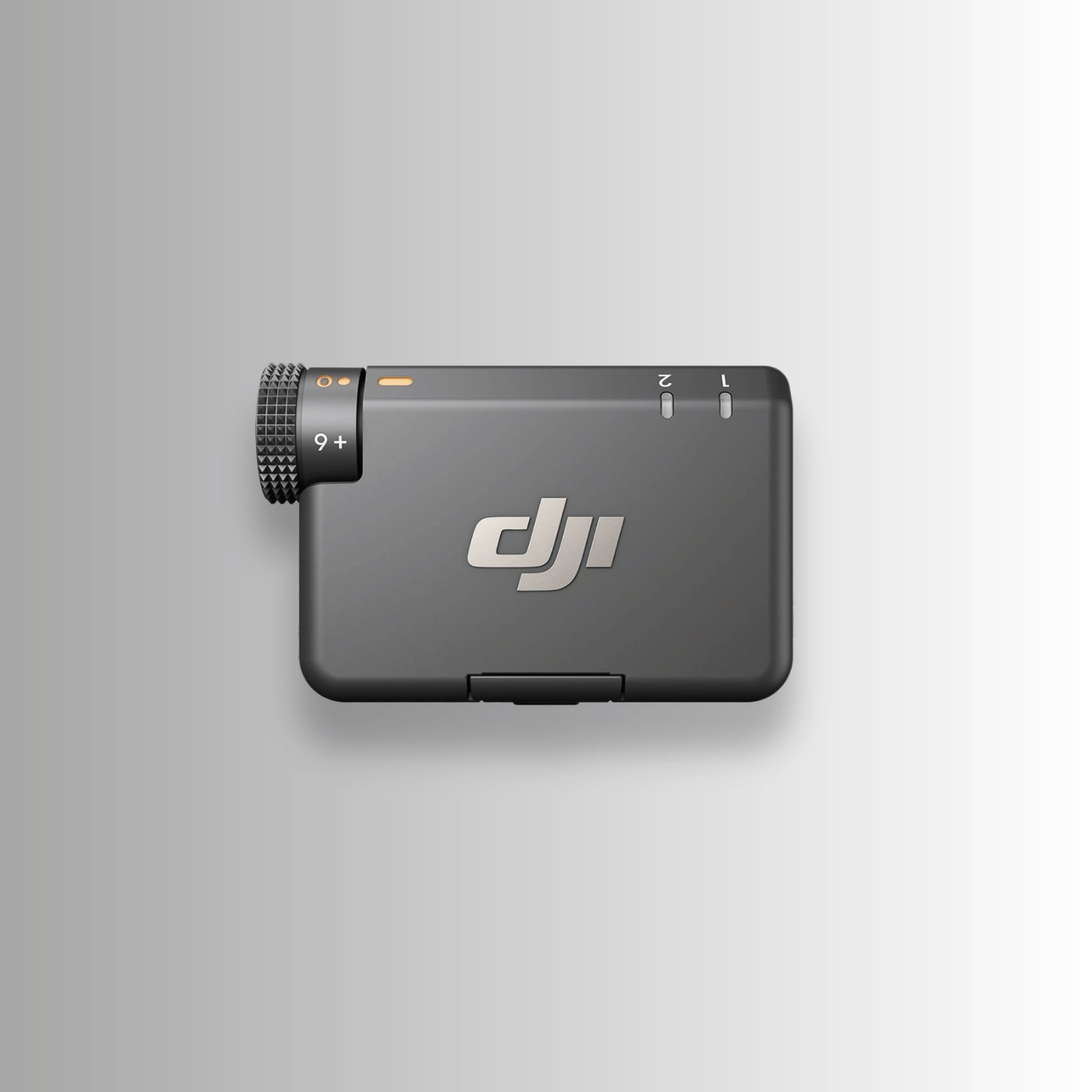 DJI Mic Mini receiver with gain dial and channel controls — professional wireless audio receiver for DJI Mini 5 Pro and Osmo Pocket 3