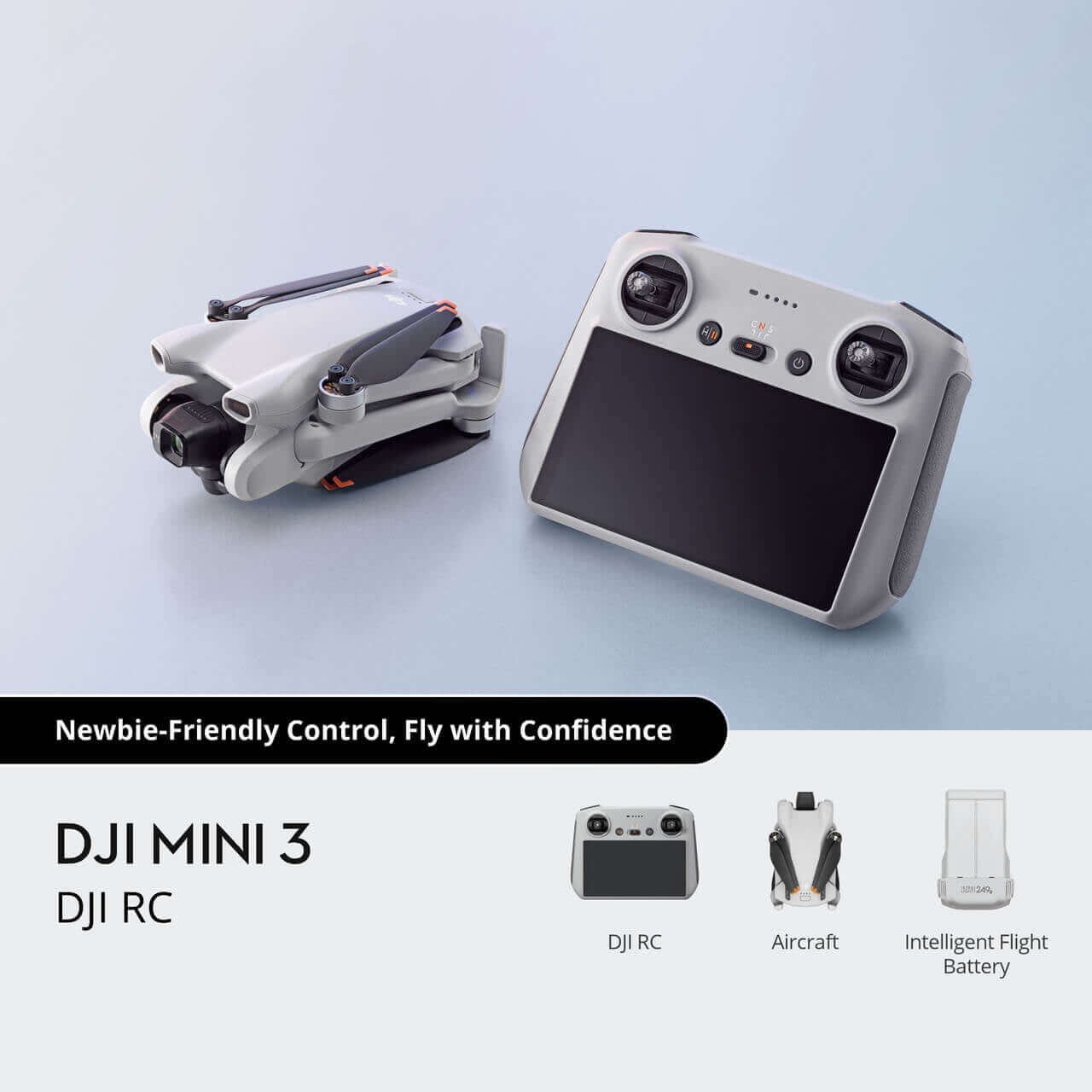 DJI Mini 3 drone with remote controller, showcasing its lightweight design and user-friendly features for easy flying.