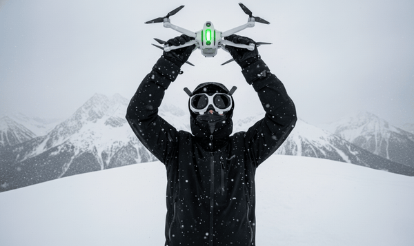 a full shot of a man dressed in winter attire holding a Insta360 Antigravity A1 drone like a trophy in the air whilst wearing the matching FPV goggles in front of a snowy mountain landscape