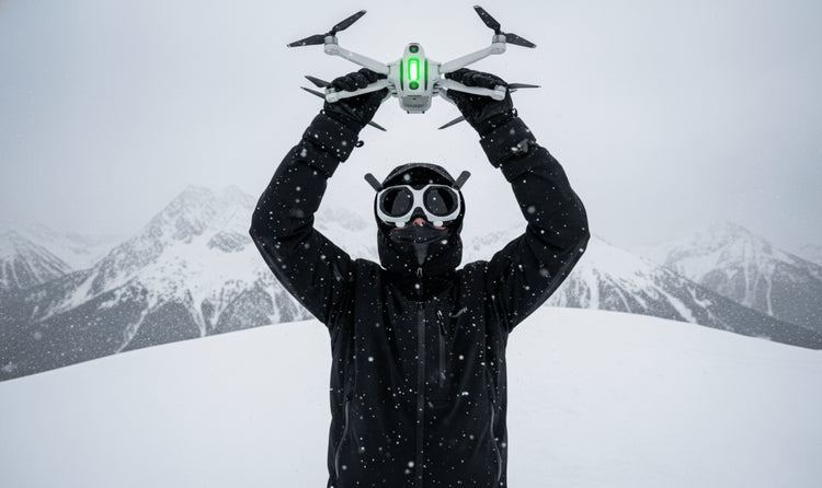a full shot of a man dressed in winter attire holding a Insta360 Antigravity A1 drone like a trophy in the air whilst wearing the matching FPV goggles in front of a snowy mountain landscape