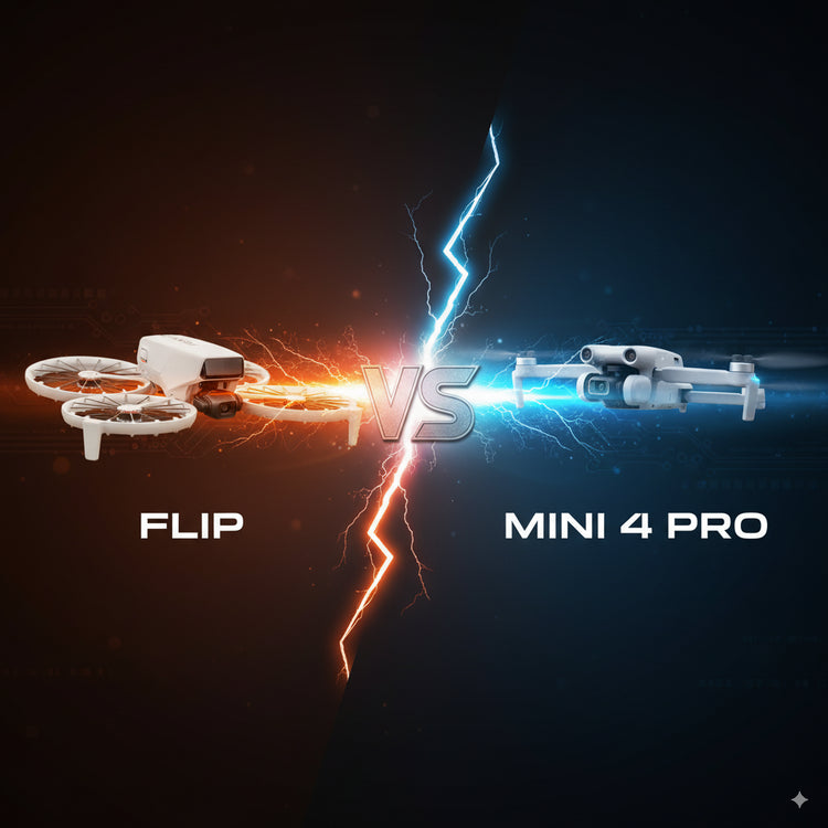 image of the dji flip clashing against the dji mini 4 pro in a cinematic style with lightning as the background