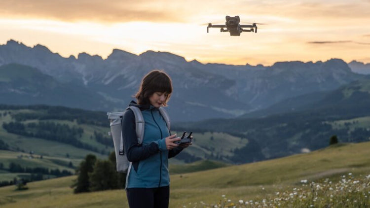 a woman with a dji rc-2 controller flying a DJI Mini 5 pro drone with mountains in the background