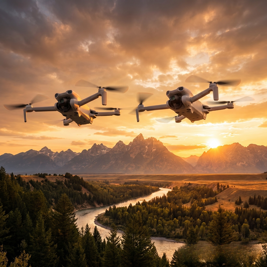 dji lito 1 and dji lito x1 flying side-by-side in the sky with a sunset mountainous background