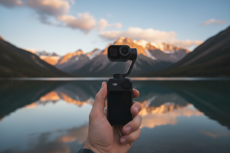 POV of a hand holding a leaked image of dji Osmo pocket 4 in-front of a scening view of mountains