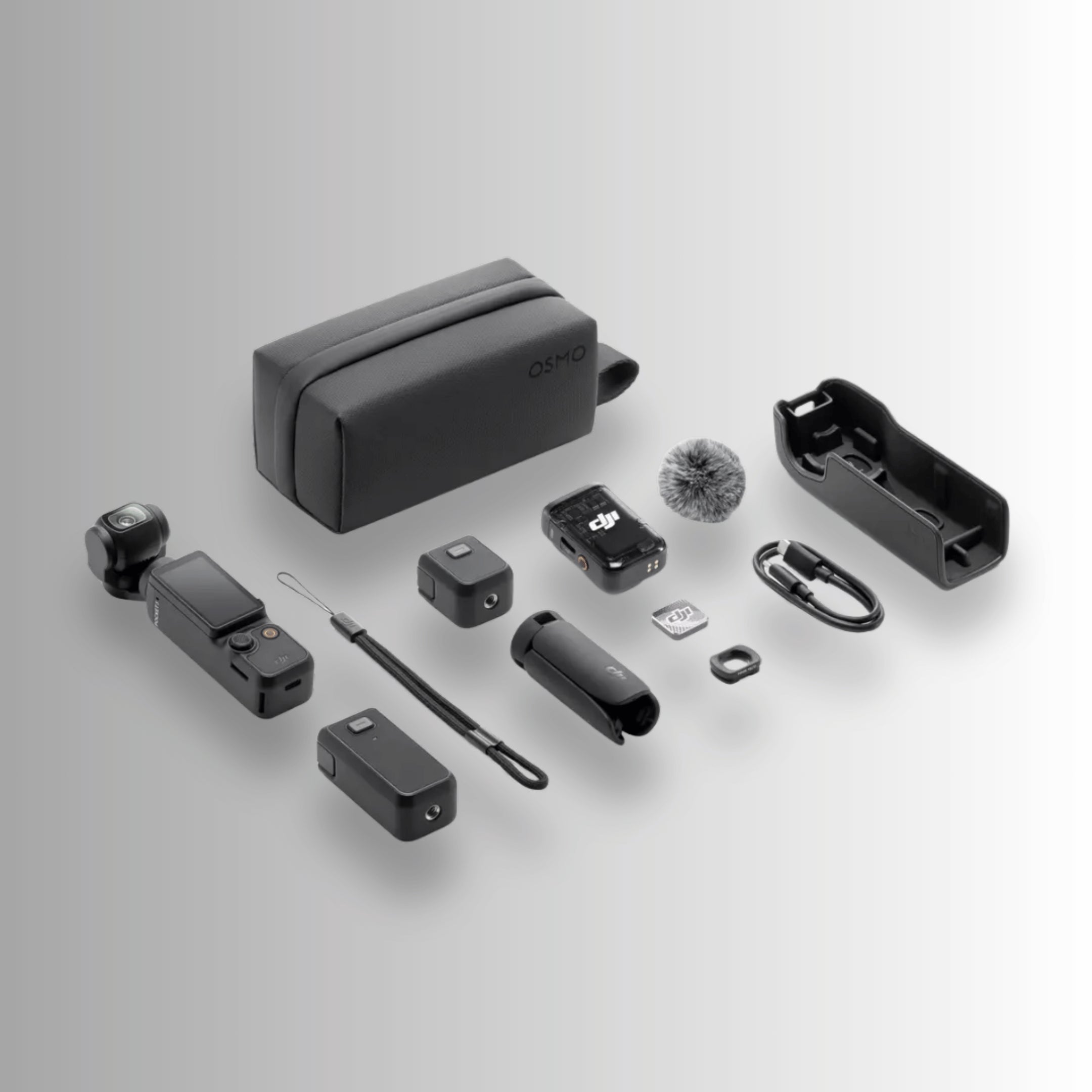 DJI Osmo Pocket 3 Creator Combo contents including wireless microphone, battery handle, wide-angle lens and carrying bag