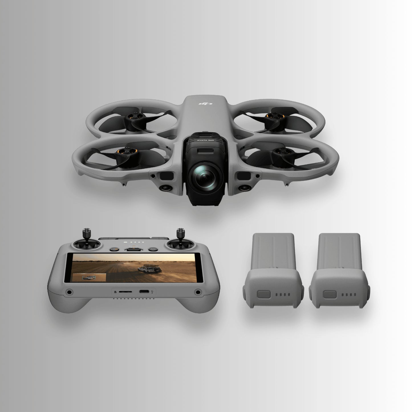 DJI Avata 360 Drone with RC 2 remote controller and 2 intelligent flight batteries on a light gray background