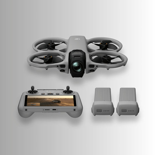 DJI Avata 360 Drone with RC 2 remote controller and 2 intelligent flight batteries on a light gray background