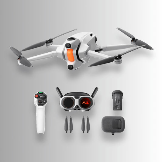 Antigravity A1 Standard Bundle drone kit showing drone, FPV goggles, grip motion controller, battery and accessories