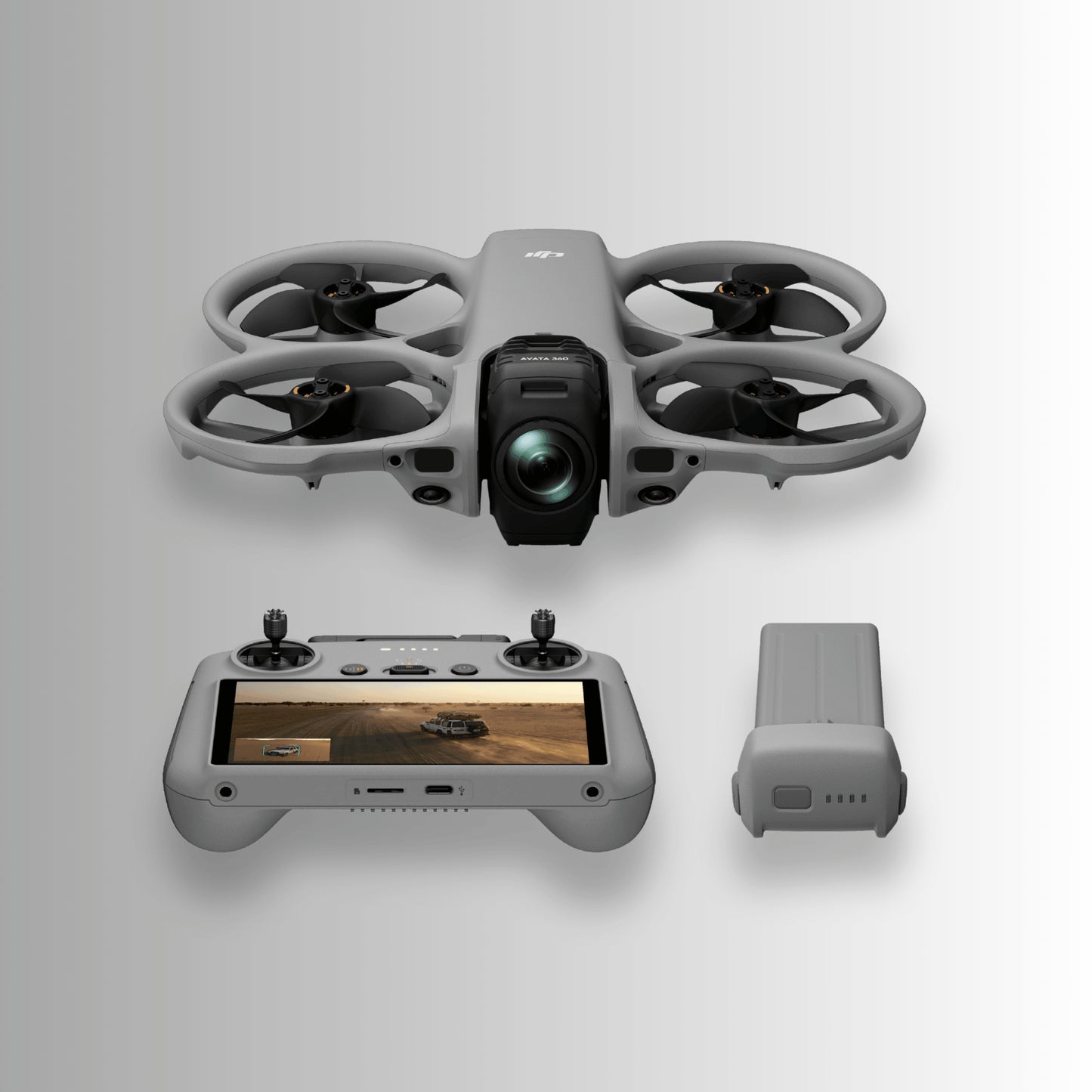 DJI Avata 360 Drone with DJI RC 2 and intelligent flight battery on a light gray background