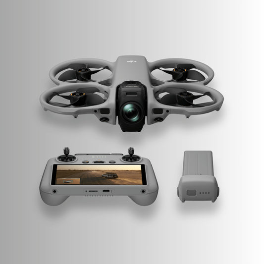DJI Avata 360 Drone with DJI RC 2 and intelligent flight battery on a light gray background