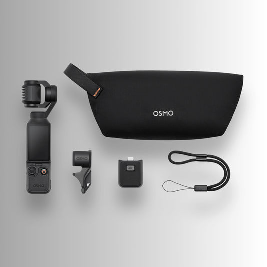 DJI Osmo Pocket 4 features and accessories including gimbal, pouch, clip, charger, and strap.