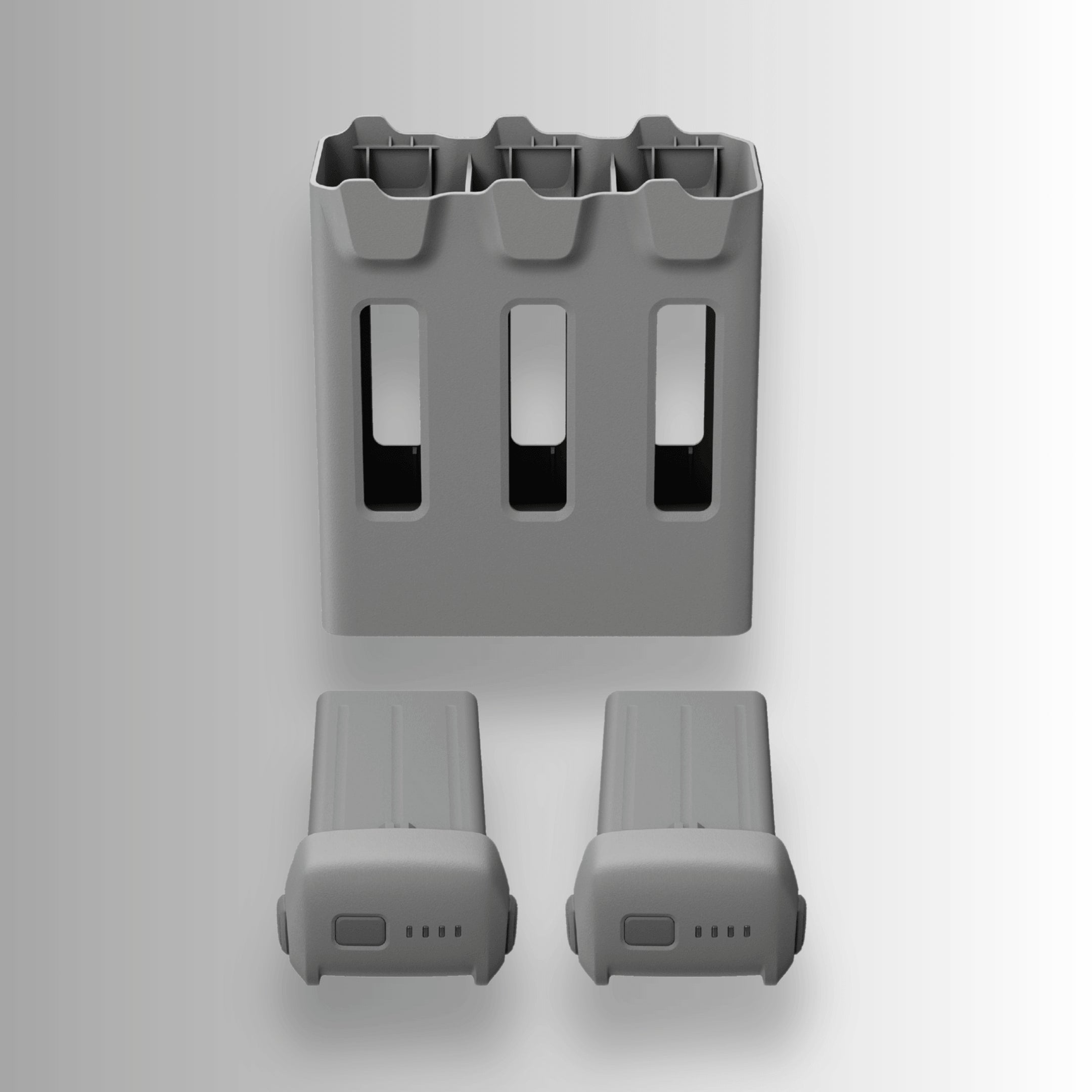 DJI two-way charging hub with two intelligent flight batteries for the DJI avata 360 on a light gray background