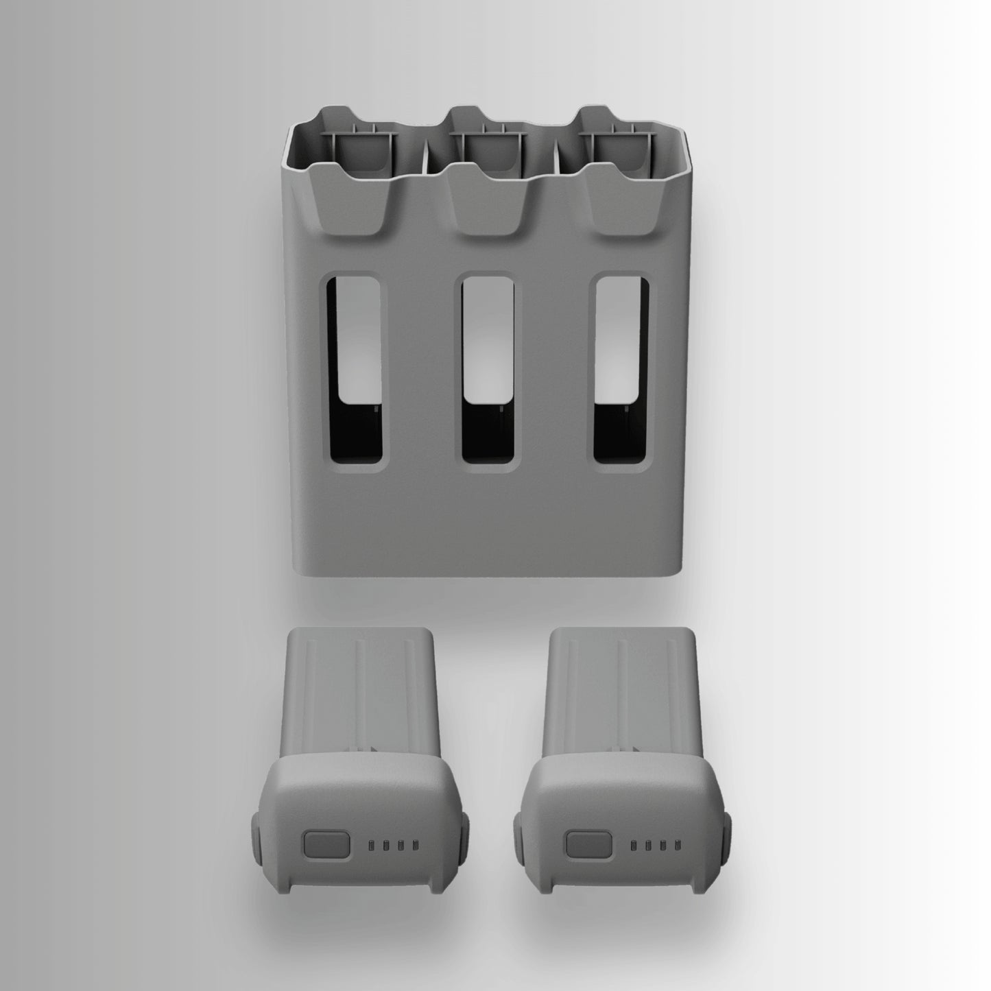 DJI two-way charging hub with two intelligent flight batteries for the DJI avata 360 on a light gray background