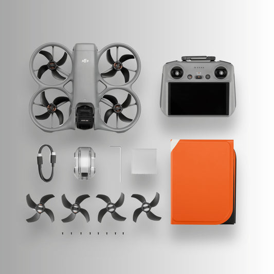 DJI Avata 360 Drone with DJI RC 2 and accessories on a light gray background