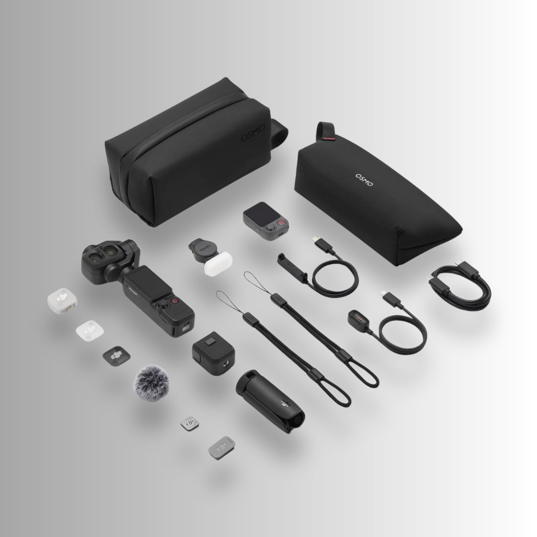 An DJI OSMO Pocket 4P vlog combo camera accessory kit arranged on a light grey studio background, including two black zip pouches, a camera grip, battery, charger cables, strap, microphone and small accessories.