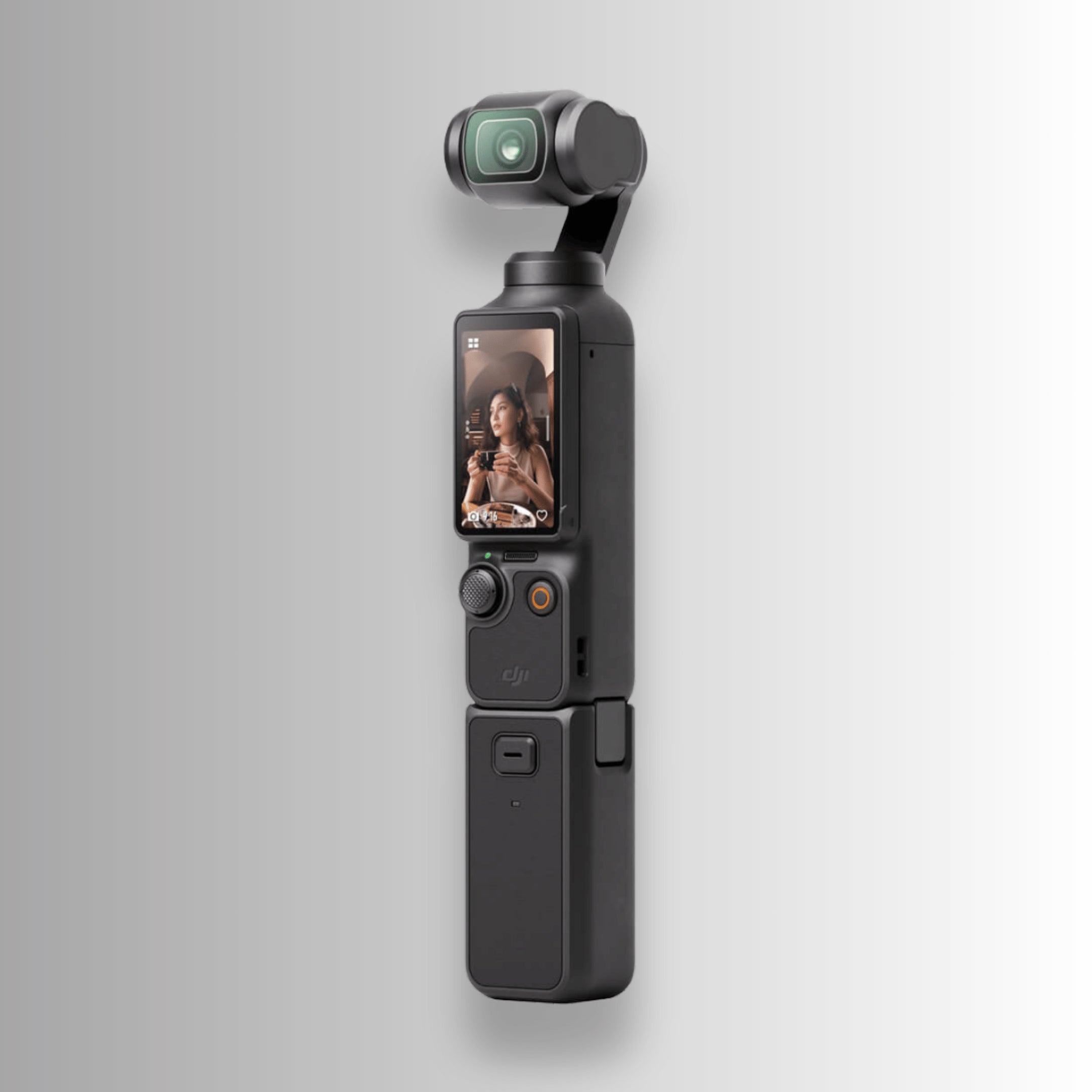 DJI Osmo Pocket 3 in protective cover showing rear grip texture and DJI branding