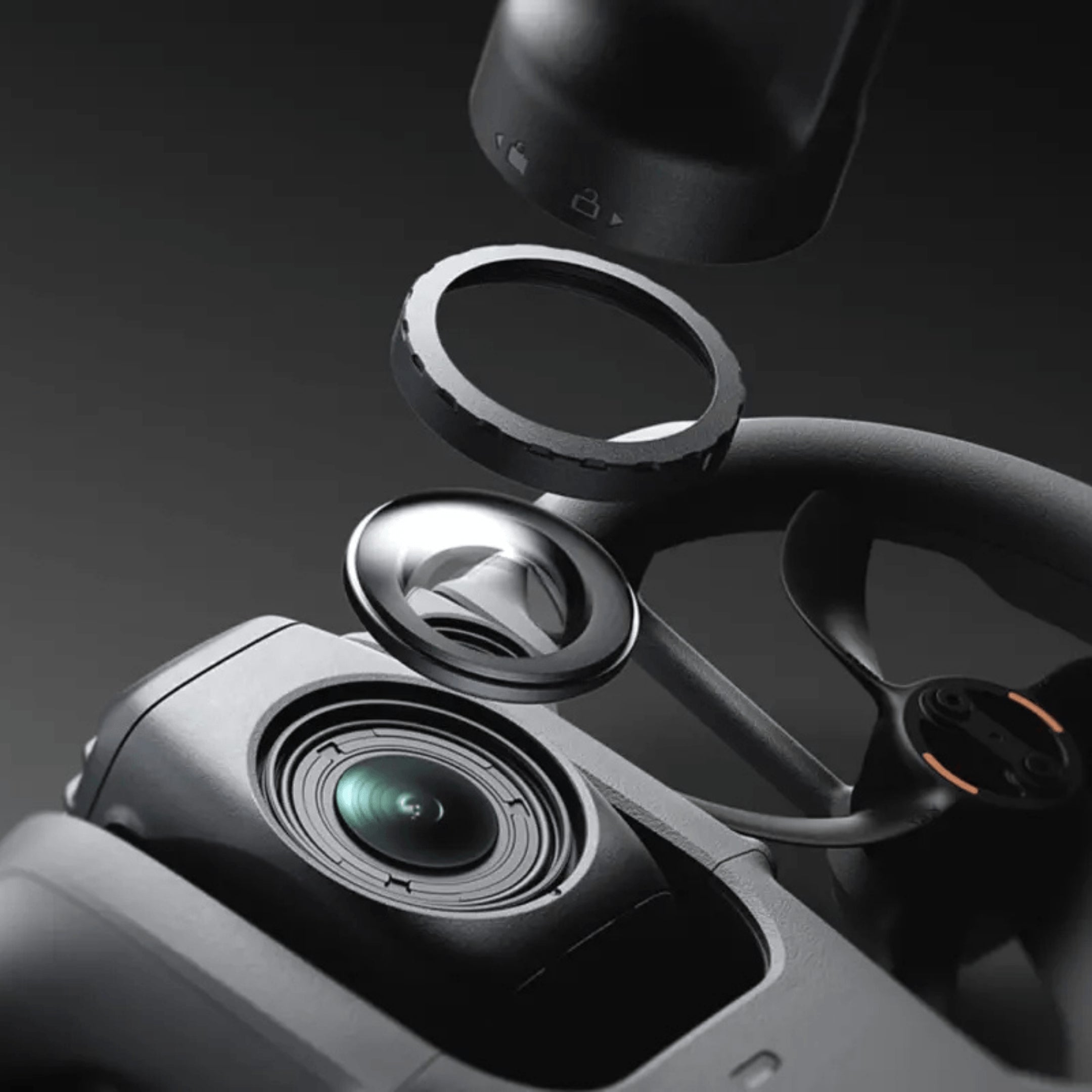 Close-up of a DJI Avata 360 drone's camera and propeller on a dark background