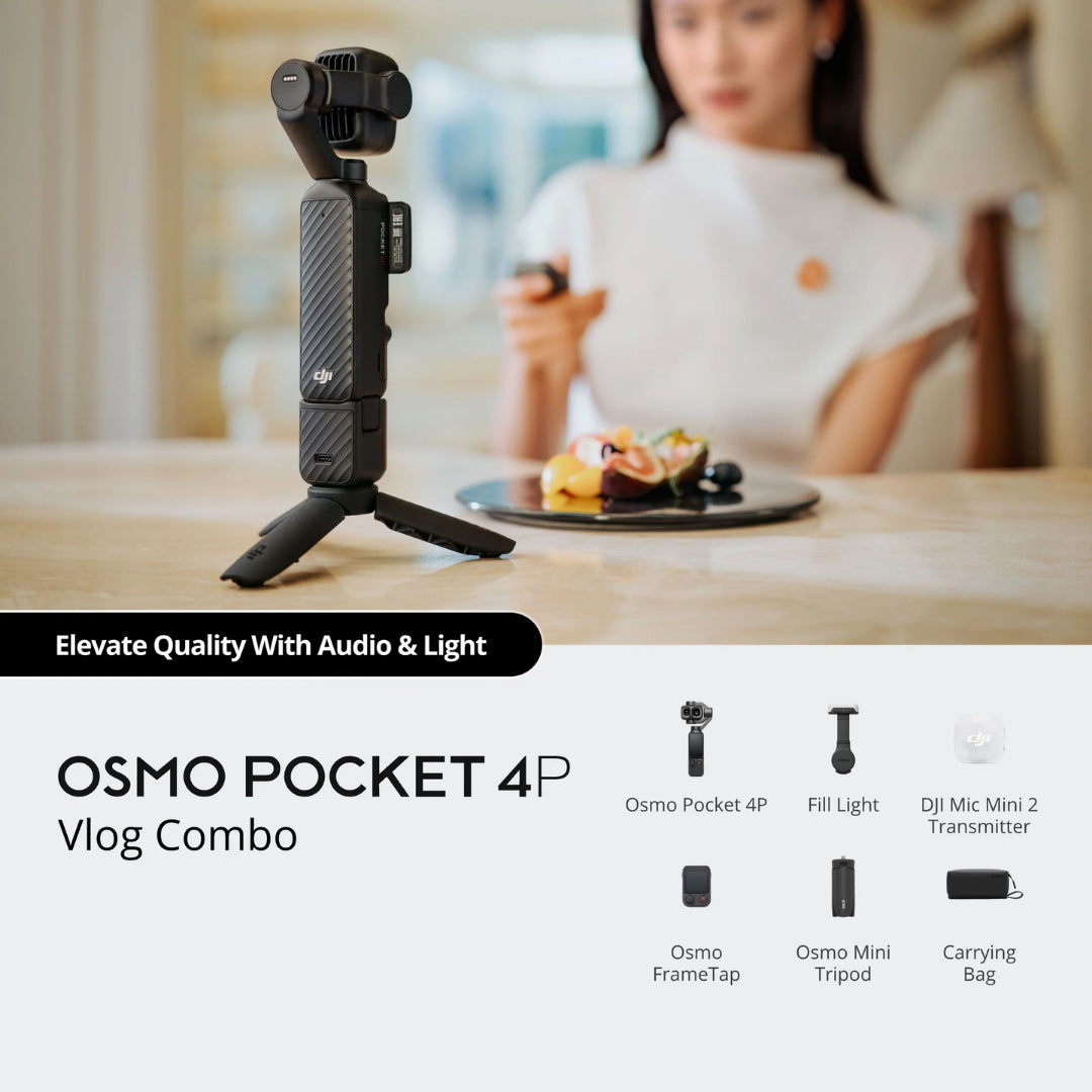 OSMO Pocket 4P Vlog Combo with a person eating at a table in the background