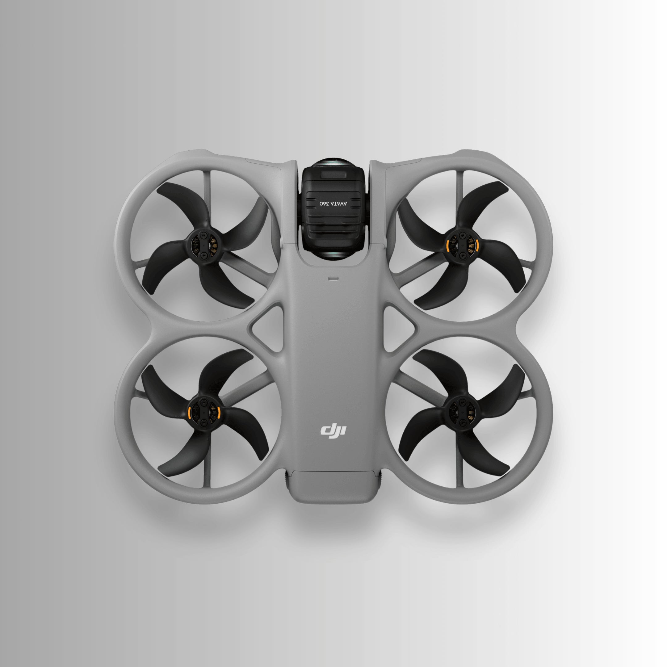 DJI Avata 360 drone with black propellers on a light gray background