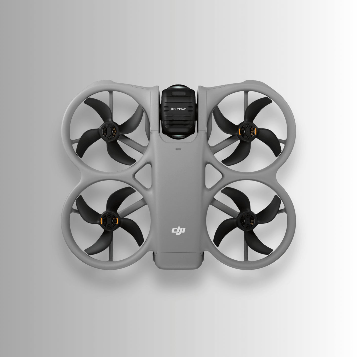 DJI Avata 360 drone with black propellers on a light gray background