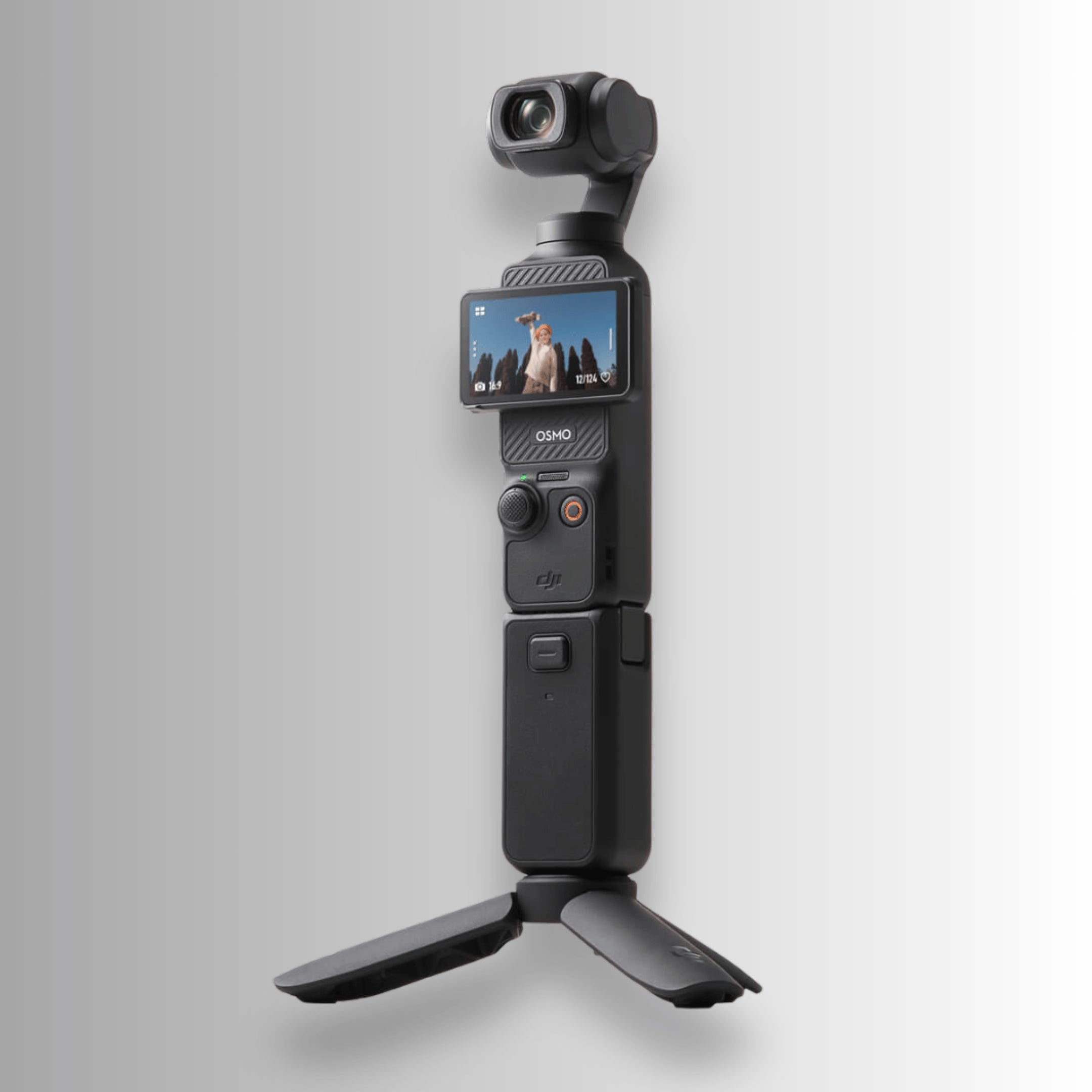 DJI Osmo Pocket 3 Creator Combo with battery handle and mini tripod attached, 1-inch CMOS gimbal camera