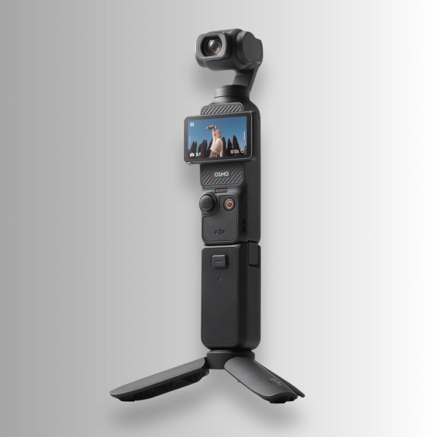 DJI Osmo Pocket 3 Creator Combo with battery handle and mini tripod attached, 1-inch CMOS gimbal camera