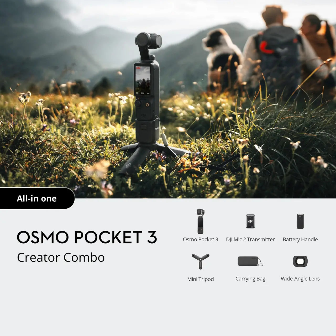 DJI Osmo Pocket 3 Creator Combo filming outdoors on mini tripod for travel and vlogging content. DJI Osmo Pocket 3 Creator Combo all-in-one kit including wireless mic, battery handle, mini tripod and wide-angle lens