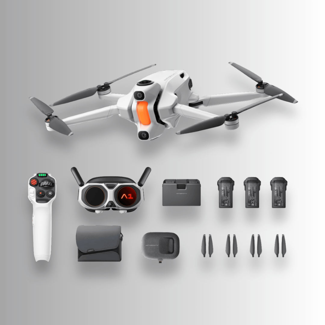What’s in the box Antigravity A1 Explorer Bundle including drone, goggles, grip motion controller, charging hub, sling bag, A1 drone carry case, batteries and propellers