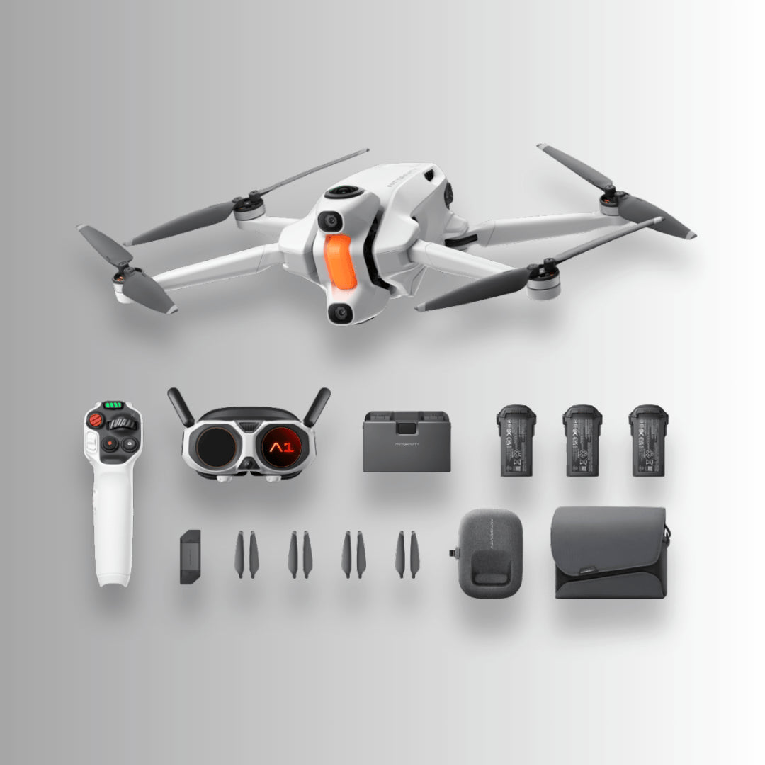 What’s in the box Antigravity A1 Infinity Bundle including drone, goggles, grip motion controller, charging hub, sling bag, A1 drone carry case, batteries and propellers