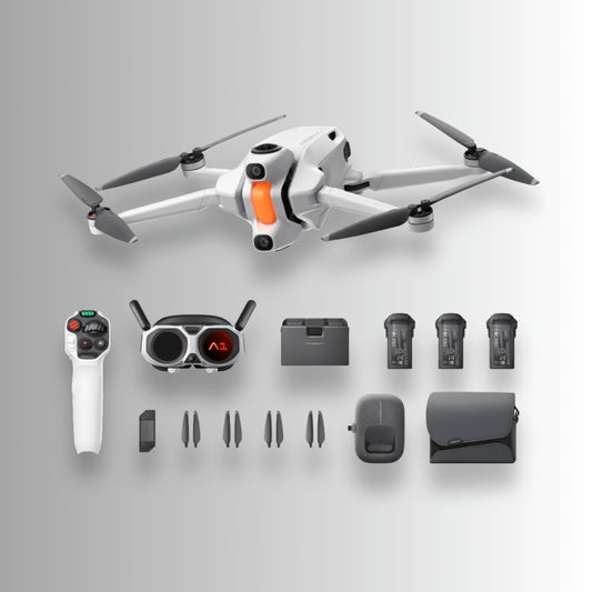 What’s in the box Antigravity A1 Infinity Bundle including drone, goggles, grip motion controller, charging hub, sling bag, A1 drone carry case, batteries and propellers