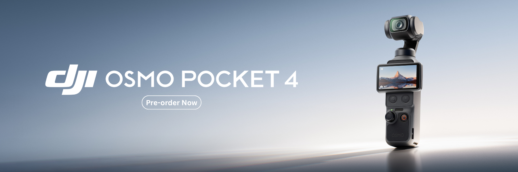 DJI Osmo Pocket 4 camera on a gradient background with 'Pre-order Now' text.