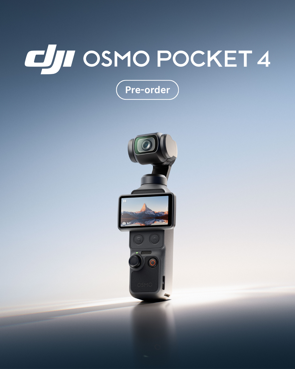 DJI Osmo Pocket 4 camera with pre-order text on a gradient background
