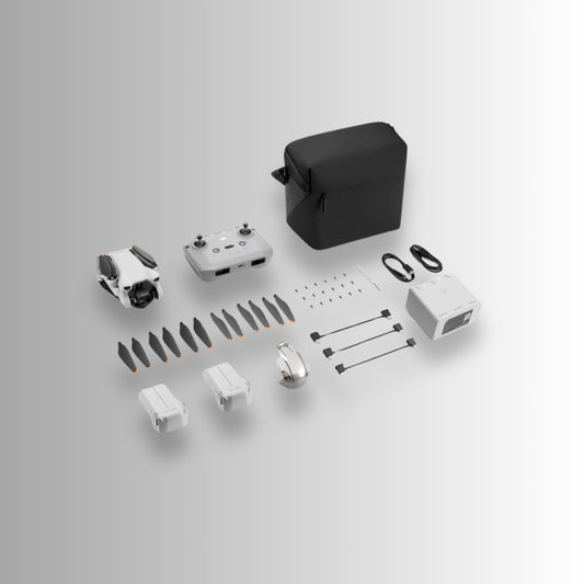 DJI Mini 3 Fly More Combo contents including drone, controller, propellers, battery, and charging accessories.