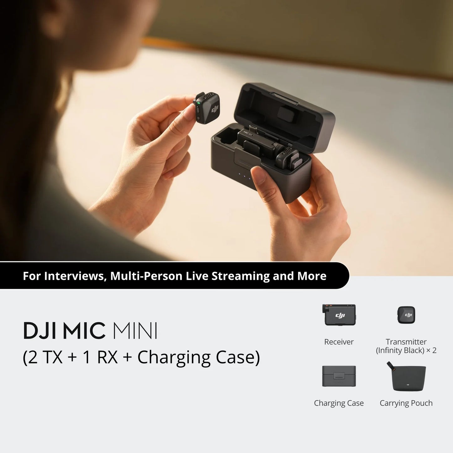 Creator holding DJI Mic Mini 2 TX + 1 RX wireless microphone system with charging case — perfect for interviews and multi-person livestreaming