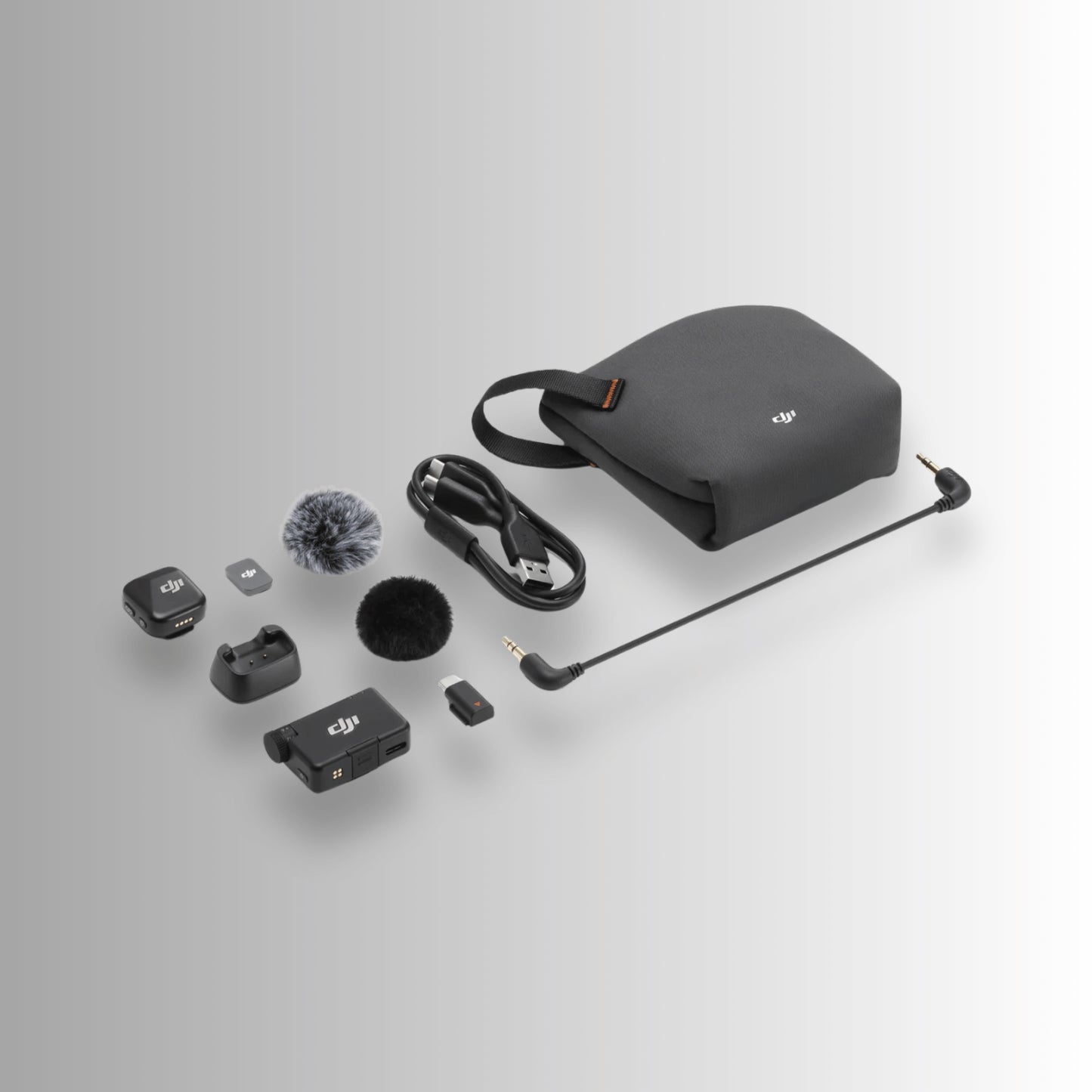DJI Mic Mini 1 TX + 1 RX wireless microphone kit with transmitter, receiver, windscreens, USB-C cable, and carrying pouch for DJI cameras and drones.