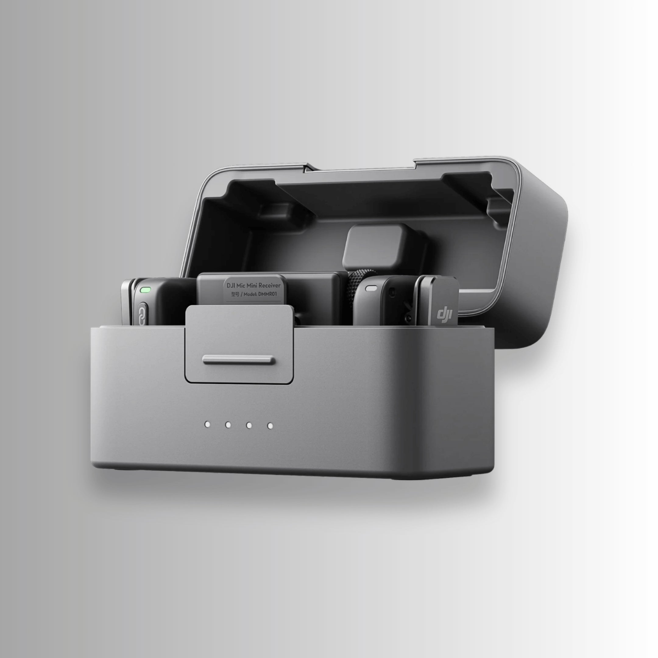 DJI Mic Mini dual-transmitter wireless microphone system shown in open charging case — compact creator audio kit