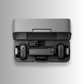 Top view of DJI Mic Mini 2 TX + 1 RX system in charging case with LED battery indicators